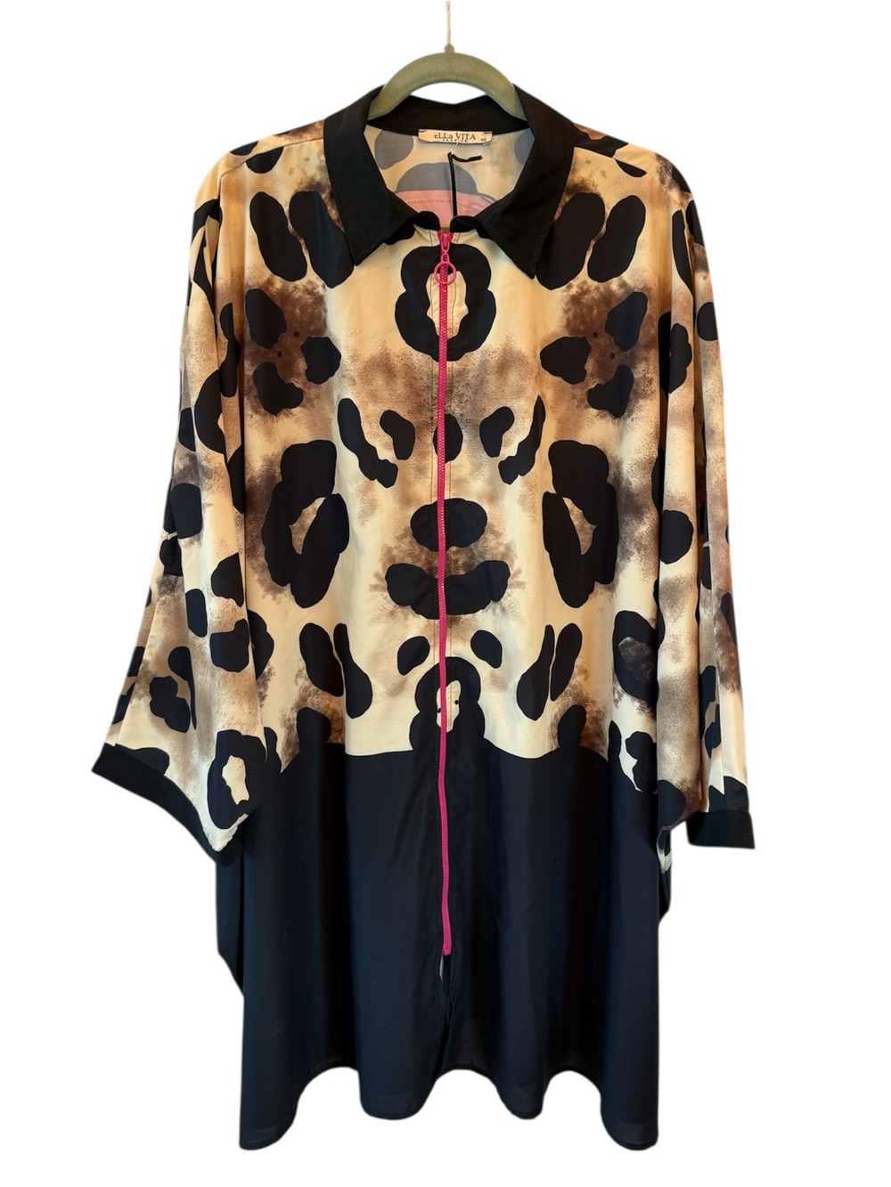 Ella Vita Beige and Black Leopard-Print Swim Coverup with Pink Zip